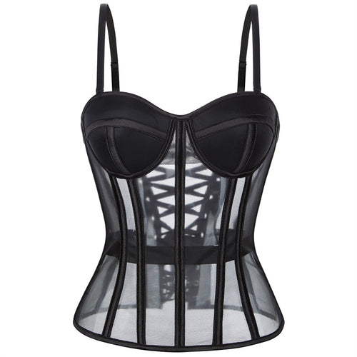 Black Sheer Panel Lace-Up Corset Top