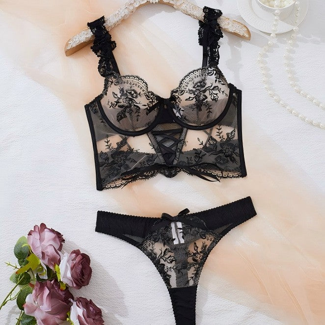 Black Lace Bra and Bottom Set