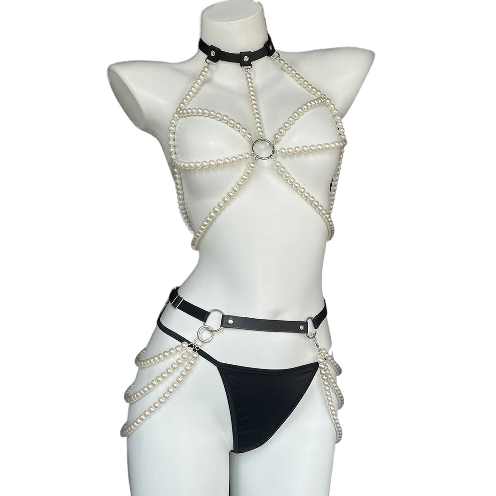 Pearl chain harness lingerie set with strappy body detail - alternate view