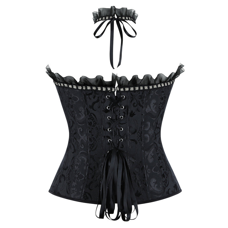 Black Ruffle Trim Lace-Up Corset Top, alternate view 3