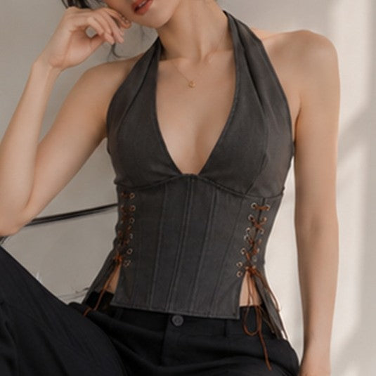 Black Plunge Halter Corset Top