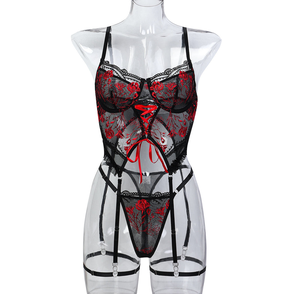 Floral Embroidered Strappy Three-Piece Lingerie Set - Styled View