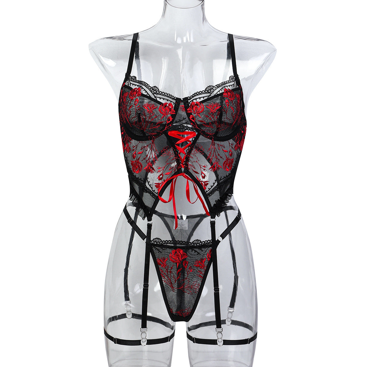 Floral Embroidered Strappy Three-Piece Lingerie Set - Styled View