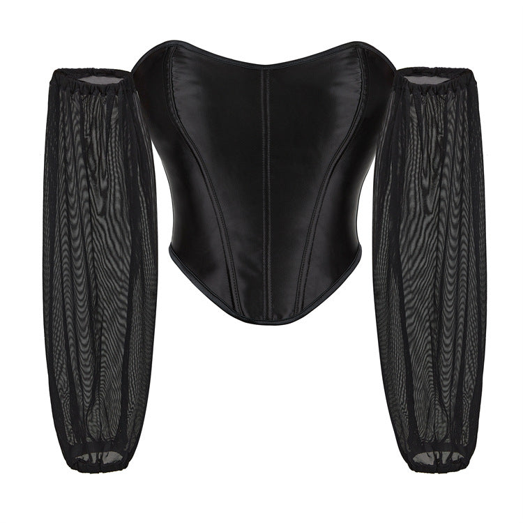 Black Sheer Sleeve Crop Corset Top