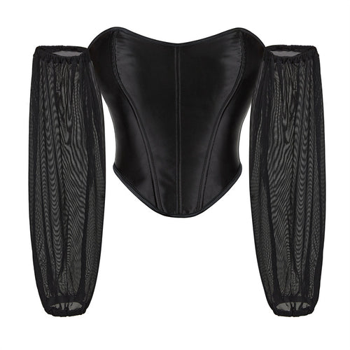 Black Sheer Sleeve Crop Corset Top