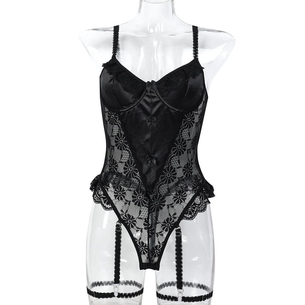 Lace-look strappy teddy bodysuit with black and pink color options - alternate view