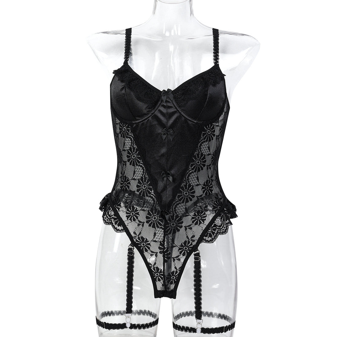 Lace-look strappy teddy bodysuit with black and pink color options - alternate view