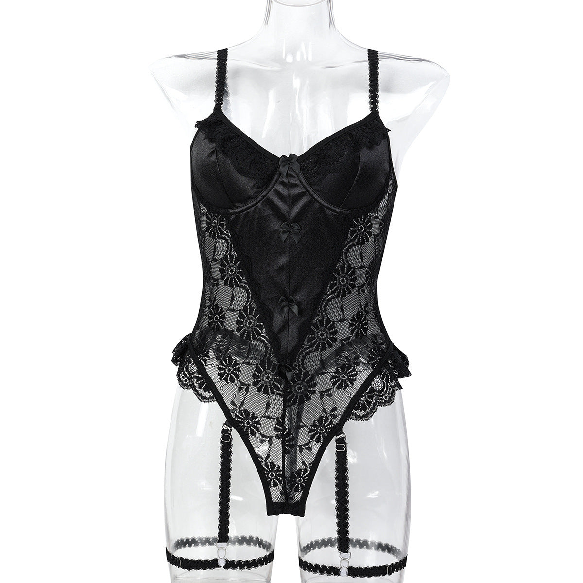 Lace-look strappy teddy bodysuit with black and pink color options - alternate view