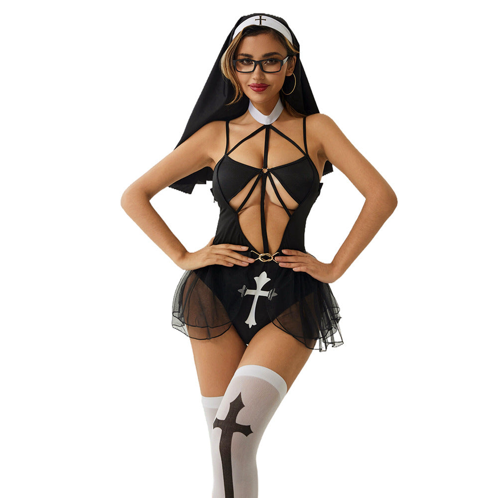 Uniform-Inspired Costume Lingerie Set With Top and Hat and Stockings - Front View