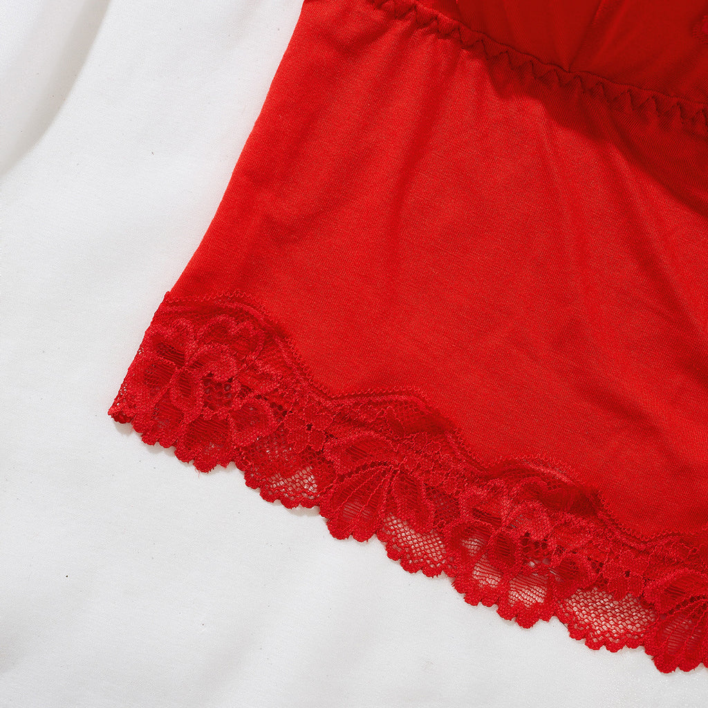 Red lace-trim bralette and short lingerie set - detail view