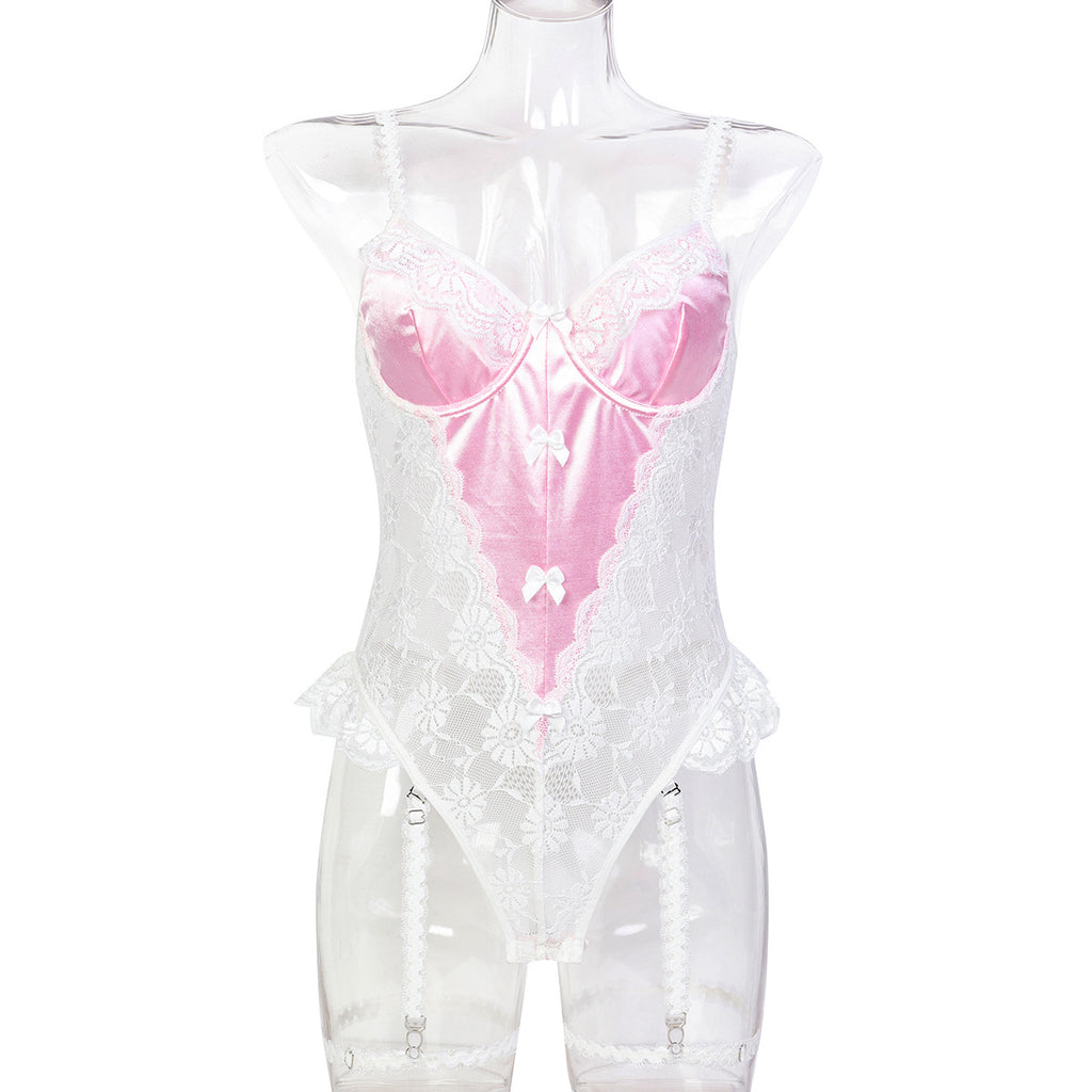 Lace-look strappy teddy bodysuit with black and pink color options - alternate view