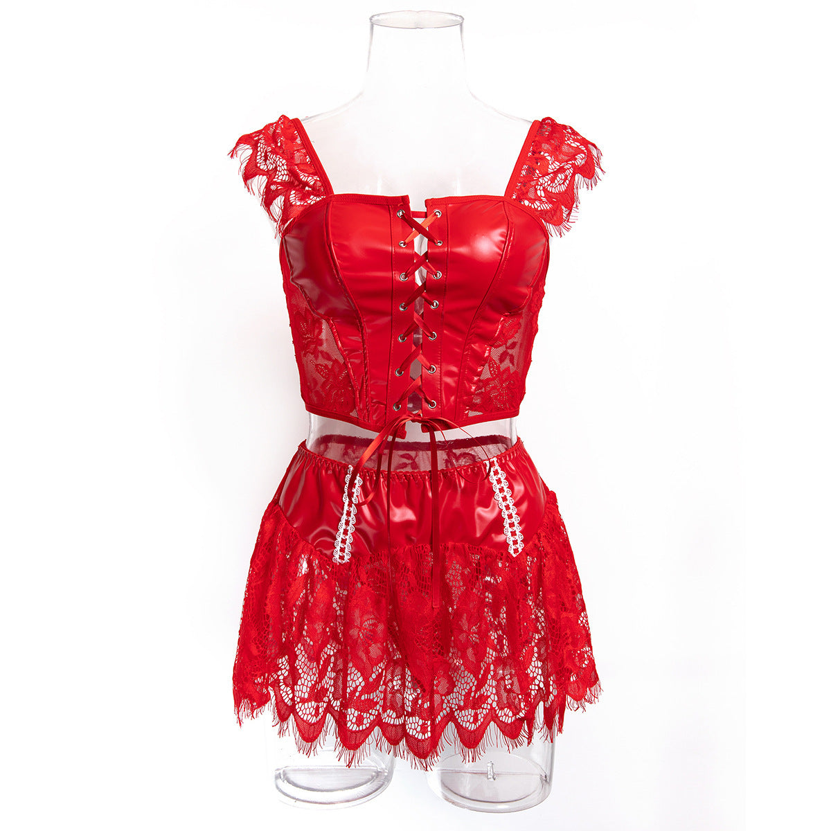 Red Faux Leather Lingerie Set - Alternate View