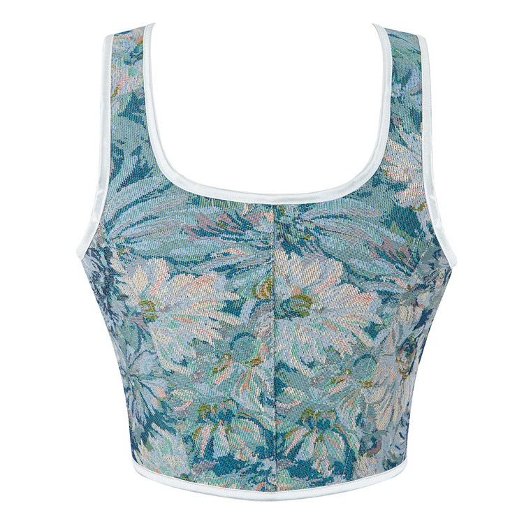 Blue Floral Lace-Up Corset Top, alternate view 3