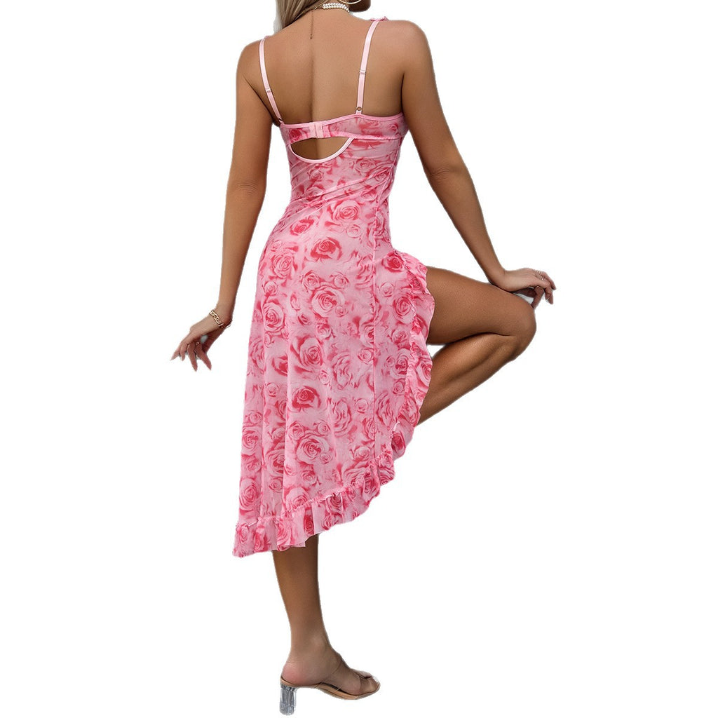 Pink floral slit chemise nightdress with long side slit - alternate view