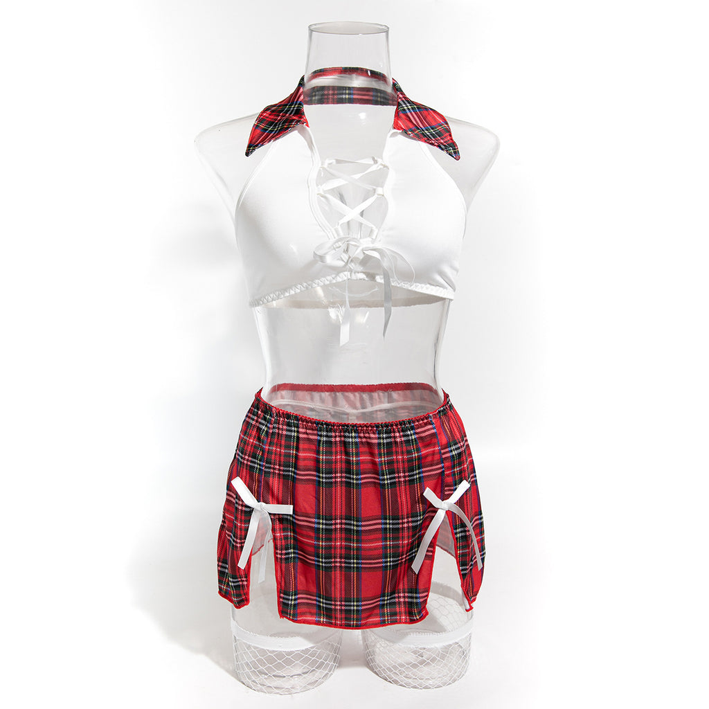 Red Plaid Uniform-Inspired Costume Lingerie Set - Alternate View