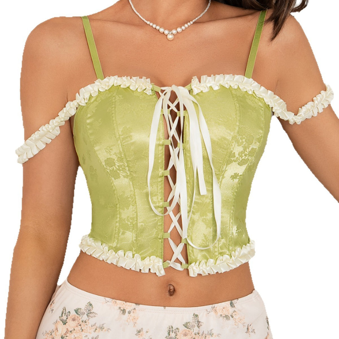 Green Lace-Up Off-Shoulder Corset Top, alternate view 5