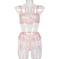 Floral embroidered bra and garter lingerie set with soft color options - alternate view