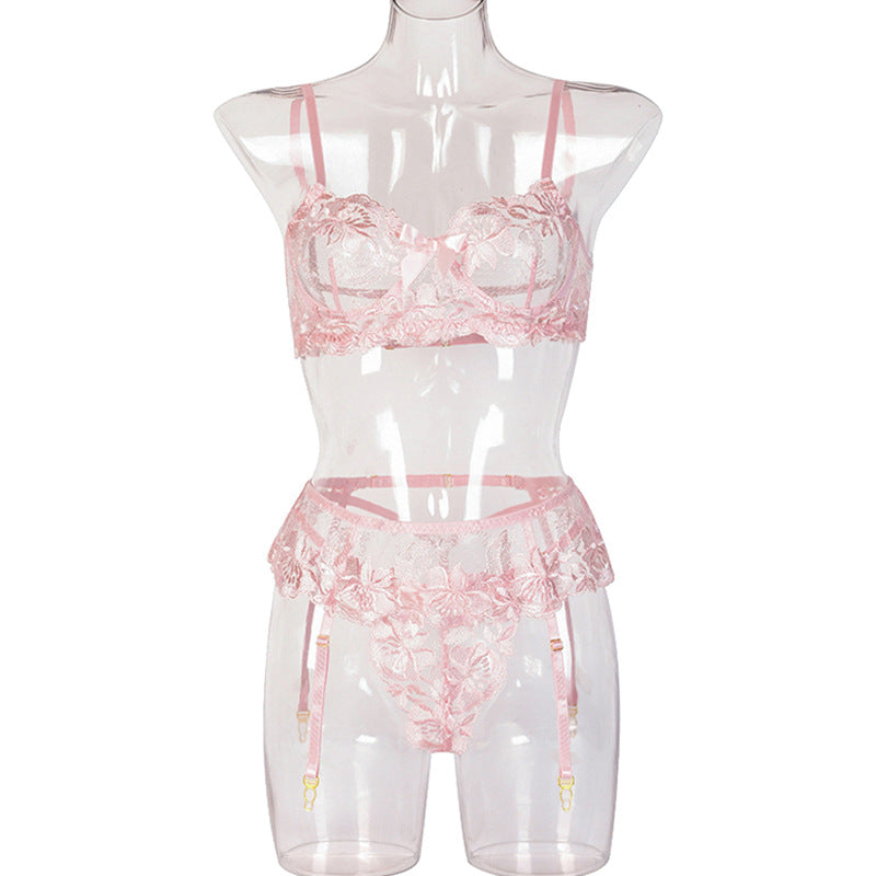 Floral embroidered bra and garter lingerie set with soft color options - alternate view