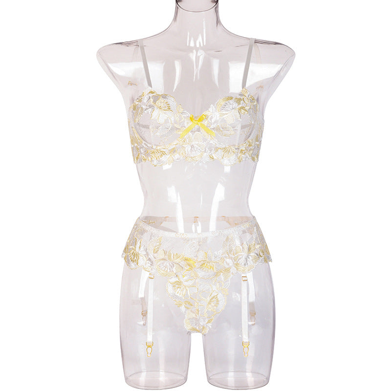 Floral embroidered bra and garter lingerie set with soft color options - alternate view