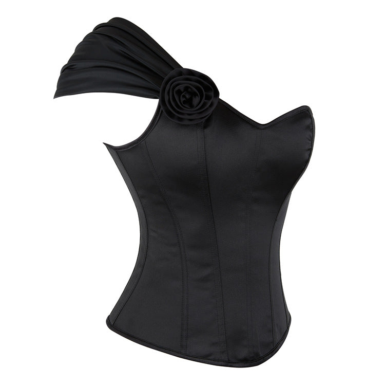 Black One-Shoulder Rose Corset Top, alternate view 2