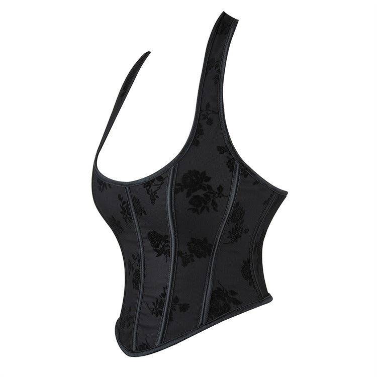 Black Jacquard Halter Corset Top, alternate view 2