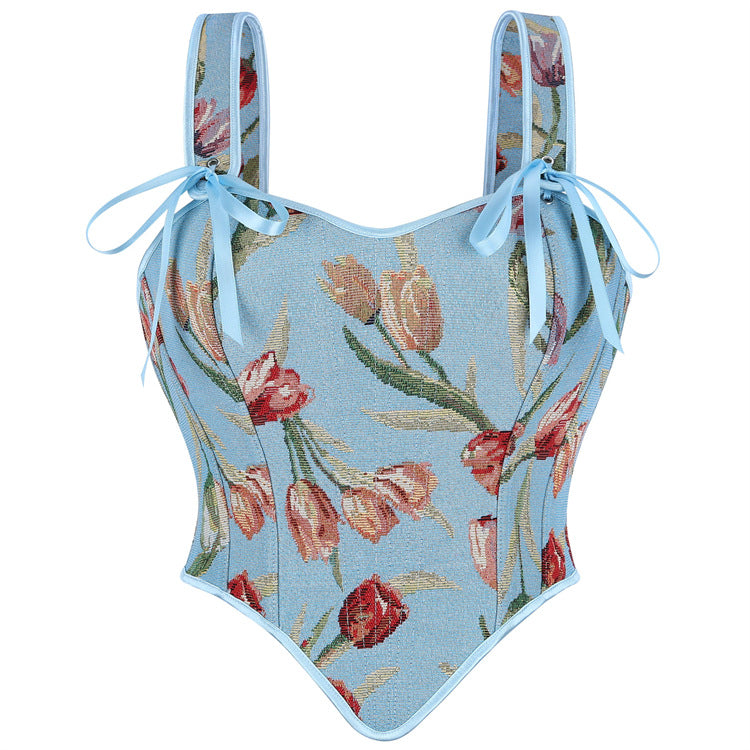 Blue Floral Tie-Strap Corset Top