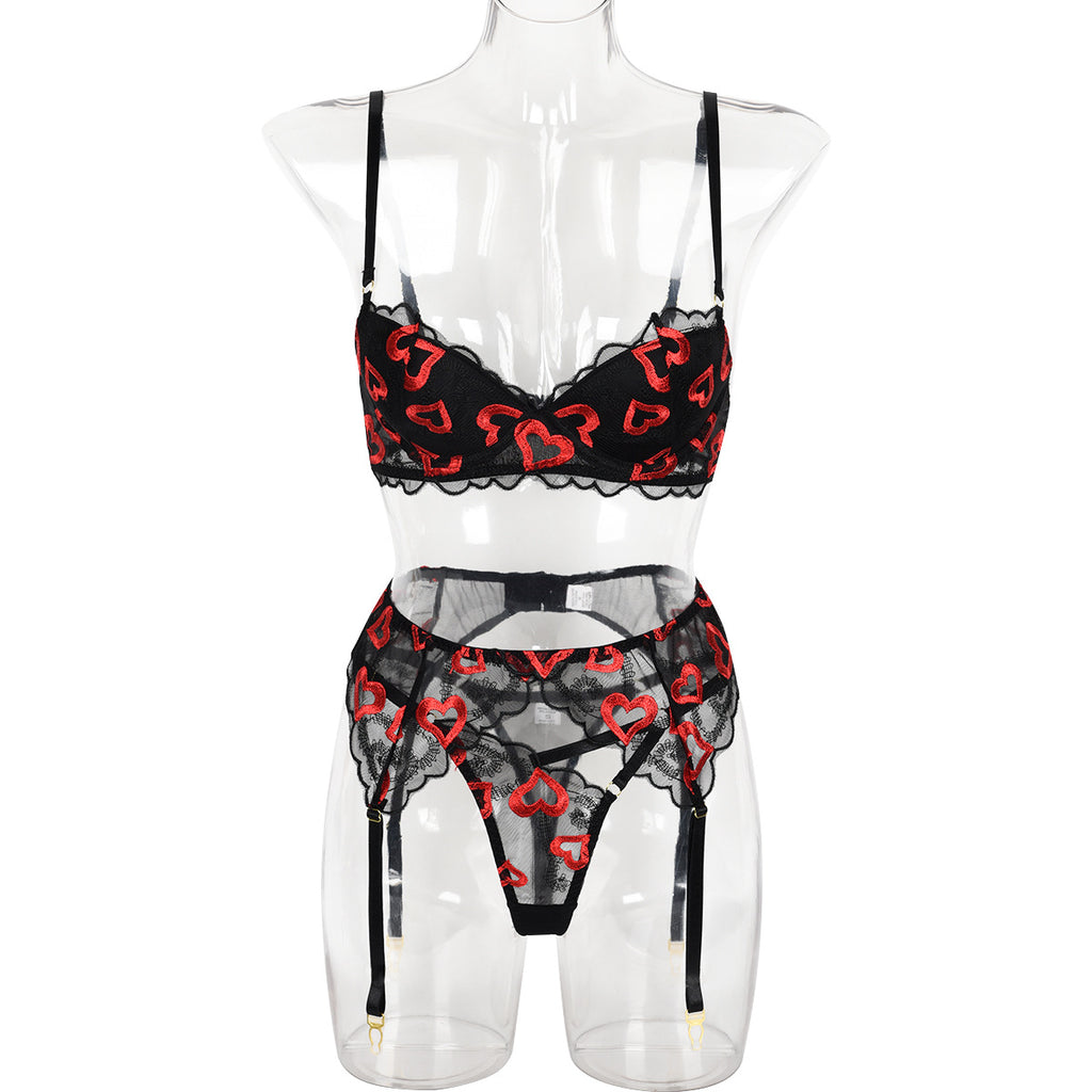 Black Floral Lace Garter Lingerie Set - Alternate View