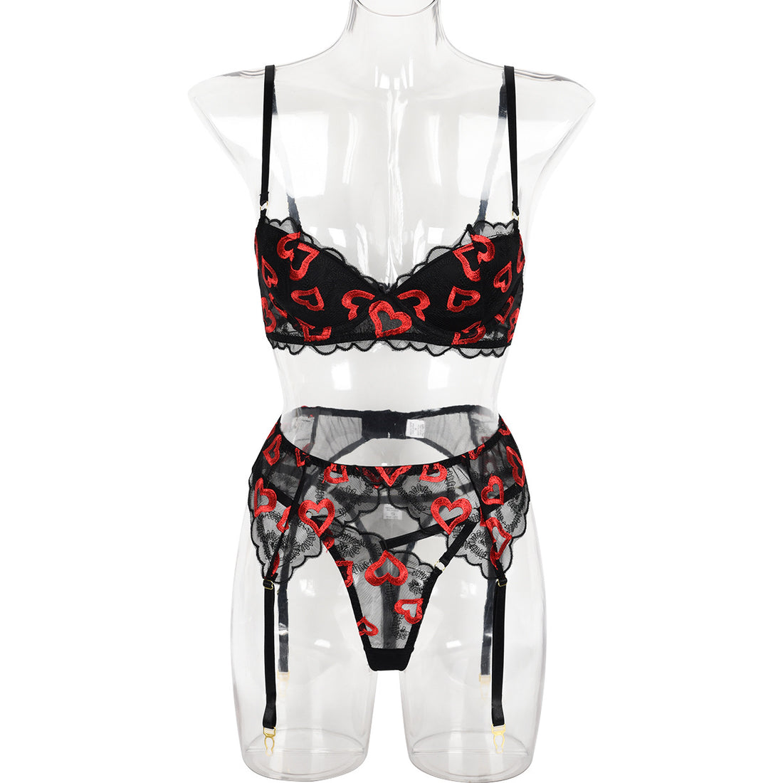 Black Floral Lace Garter Lingerie Set - Alternate View