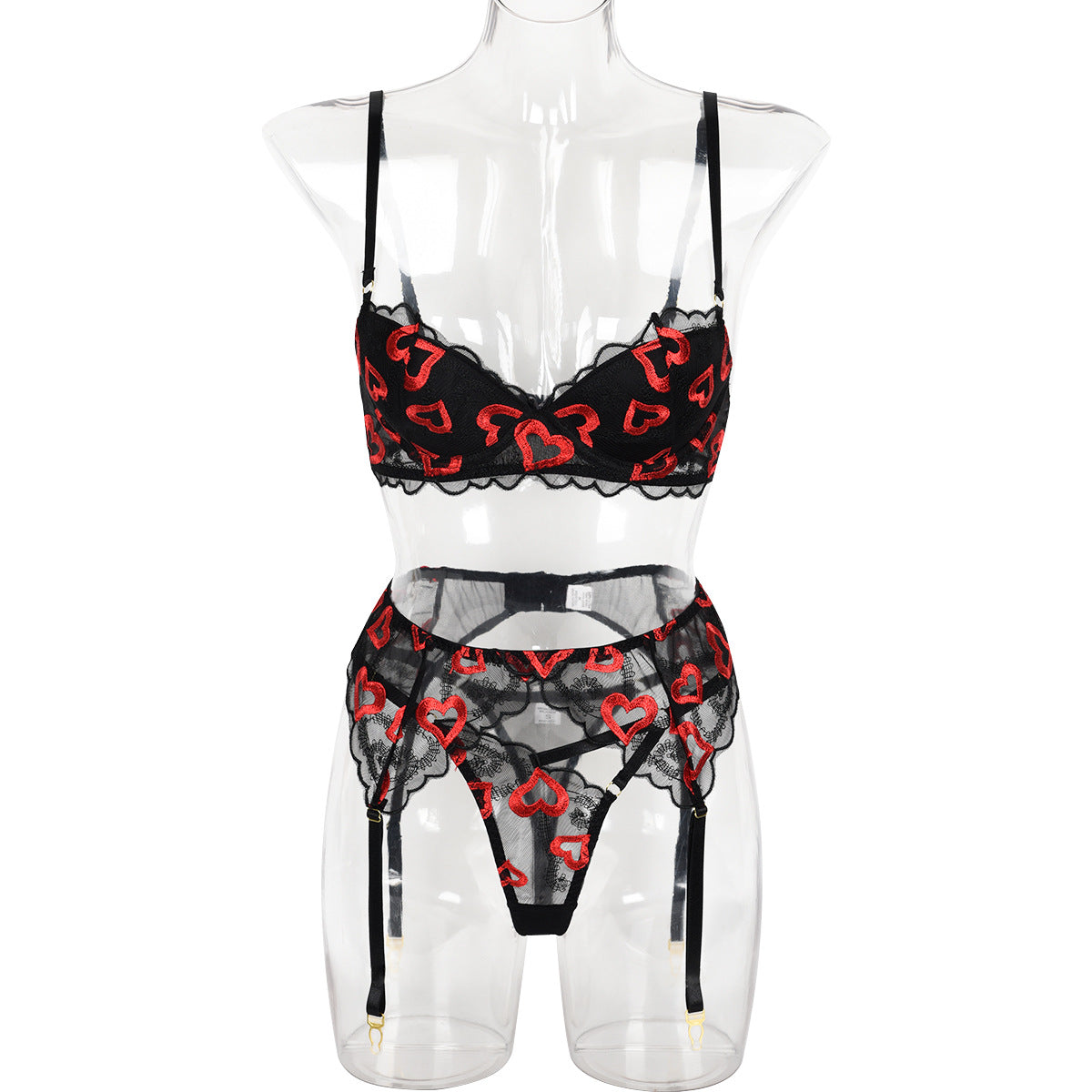 Black Floral Lace Garter Lingerie Set - Alternate View