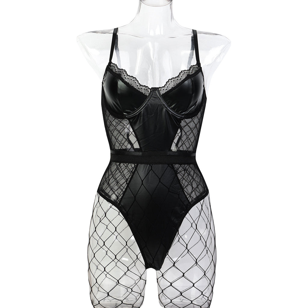 Black Faux Leather Cutout Teddy Bodysuit - Alternate View