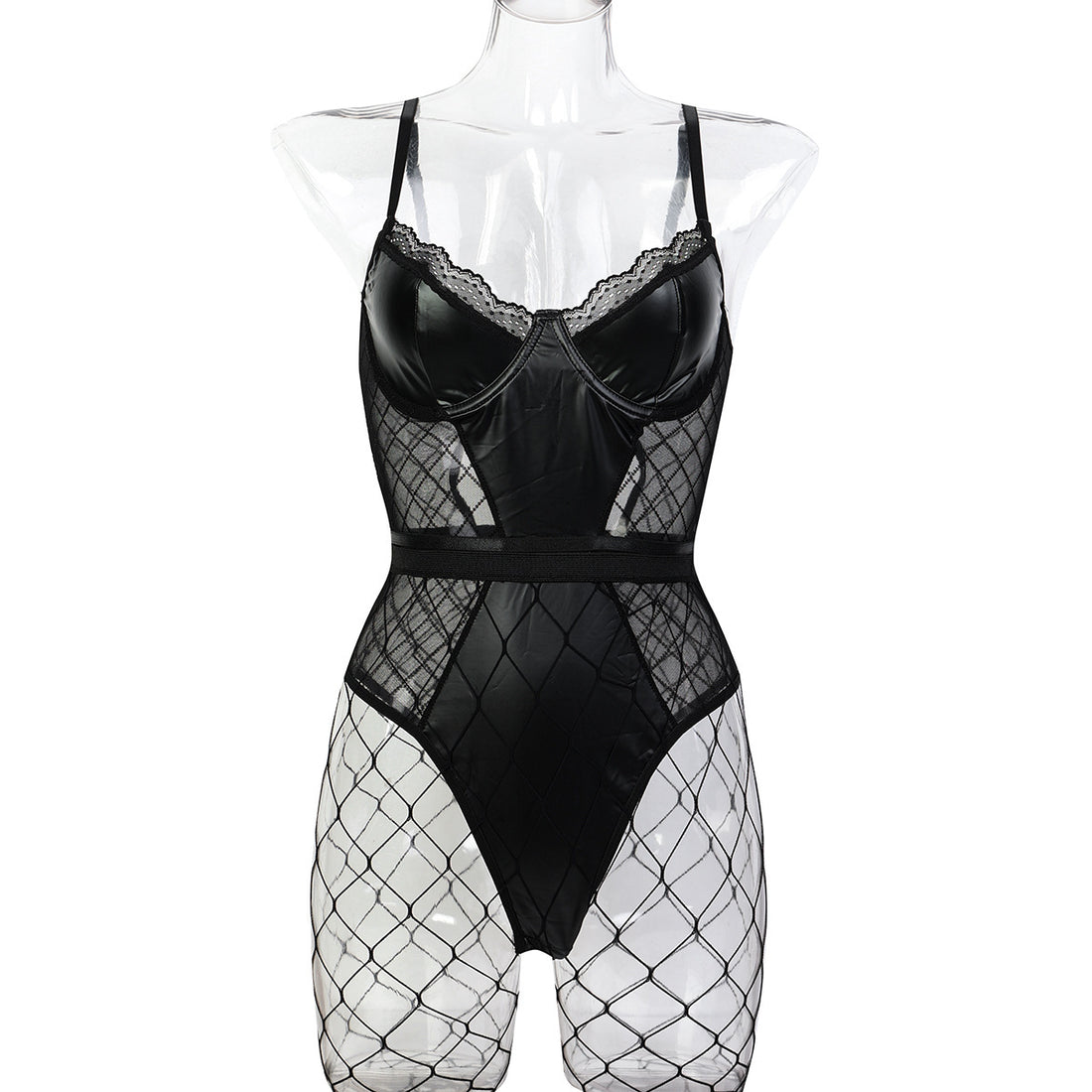Black Faux Leather Cutout Teddy Bodysuit - Alternate View