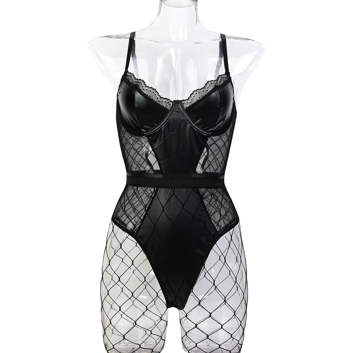Black Faux Leather Cutout Teddy Bodysuit - Alternate View