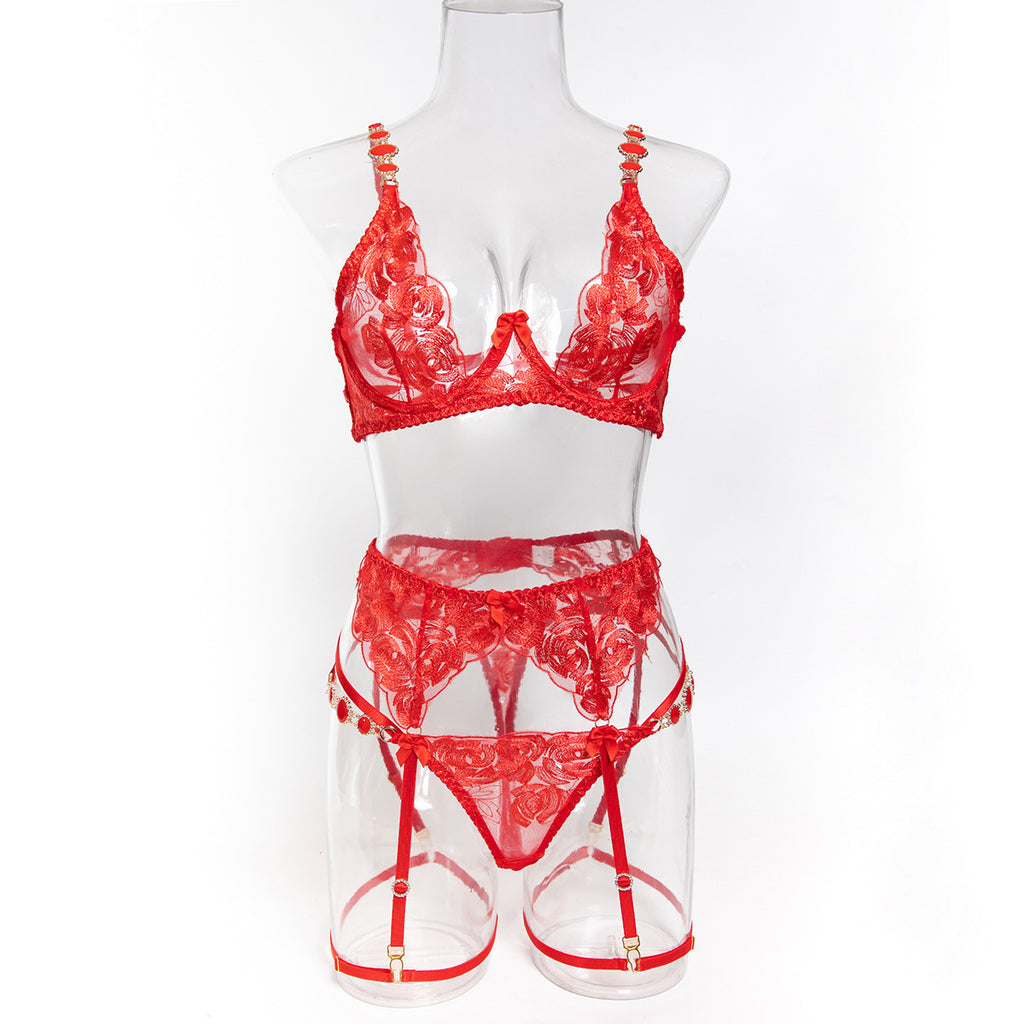 Floral Embroidered Rhinestone Three-Piece Lingerie Set - Styled View