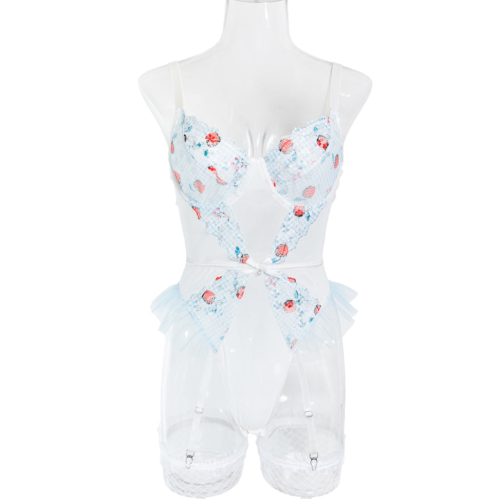 Floral Embroidered Strappy Teddy Bodysuit - Styled View