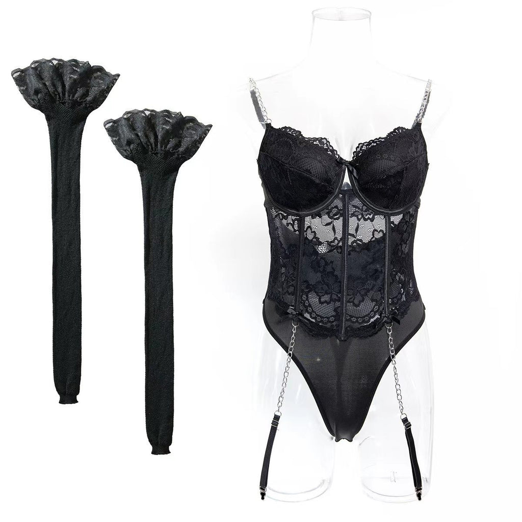 Chain Detail Lace Strappy Teddy Bodysuit - Styled View