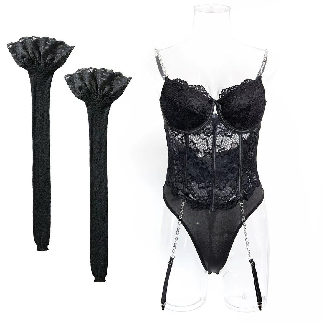 Chain Detail Lace Strappy Teddy Bodysuit - Styled View