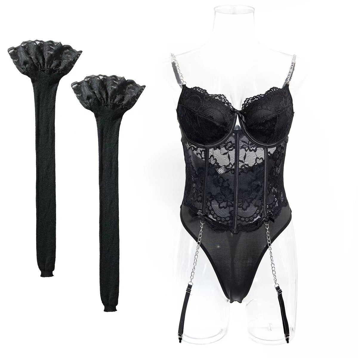 Chain Detail Lace Strappy Teddy Bodysuit - Styled View