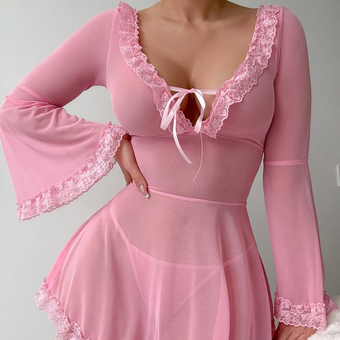 Pink Long-Sleeve Ruffle Chemise Nightdress, alternate view 2