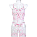 Pink Floral Embroidered Three-Piece Lingerie Set - Styled View