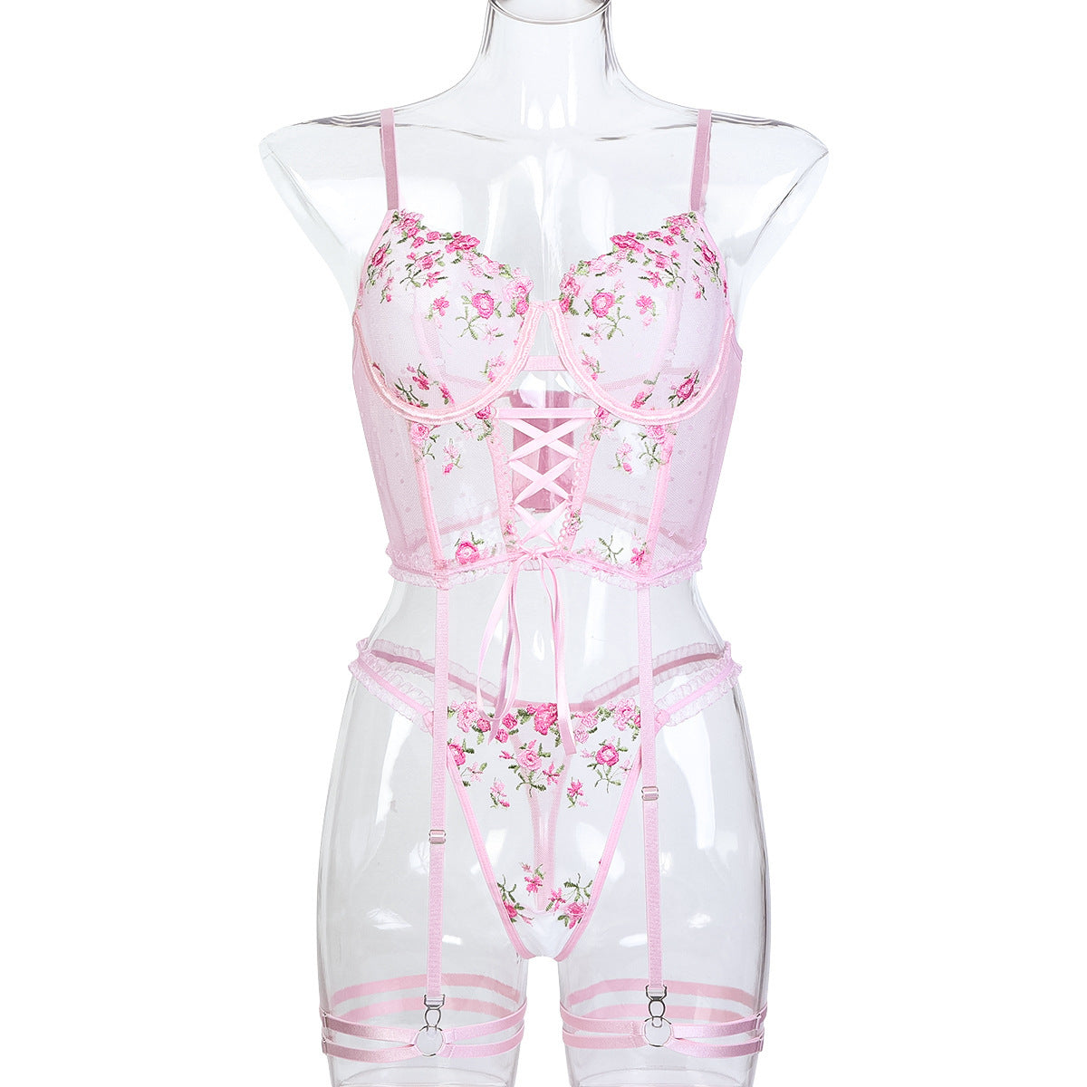 Pink Floral Embroidered Three-Piece Lingerie Set - Styled View