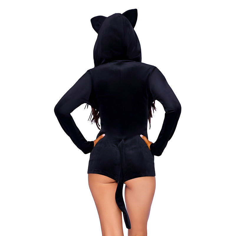 Black cat costume hooded romper with zip-front detail - alternate view