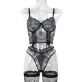 Black embroidered lace-look garter teddy bodysuit with strappy front - alternate view