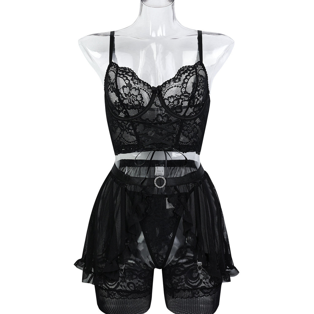 Black Lace Four-Piece Lingerie Set - Alternate View