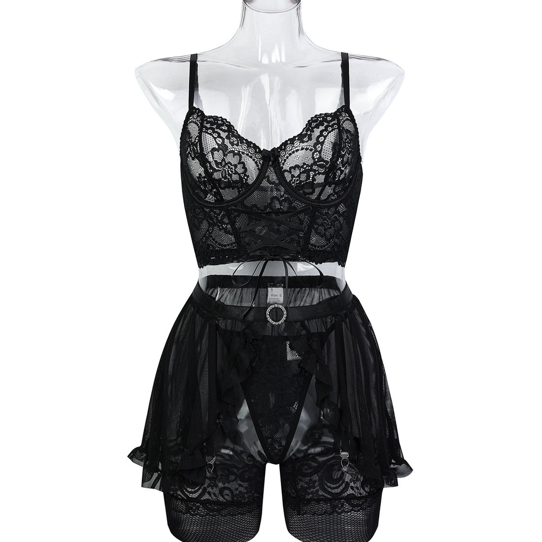 Black Lace Four-Piece Lingerie Set - Alternate View
