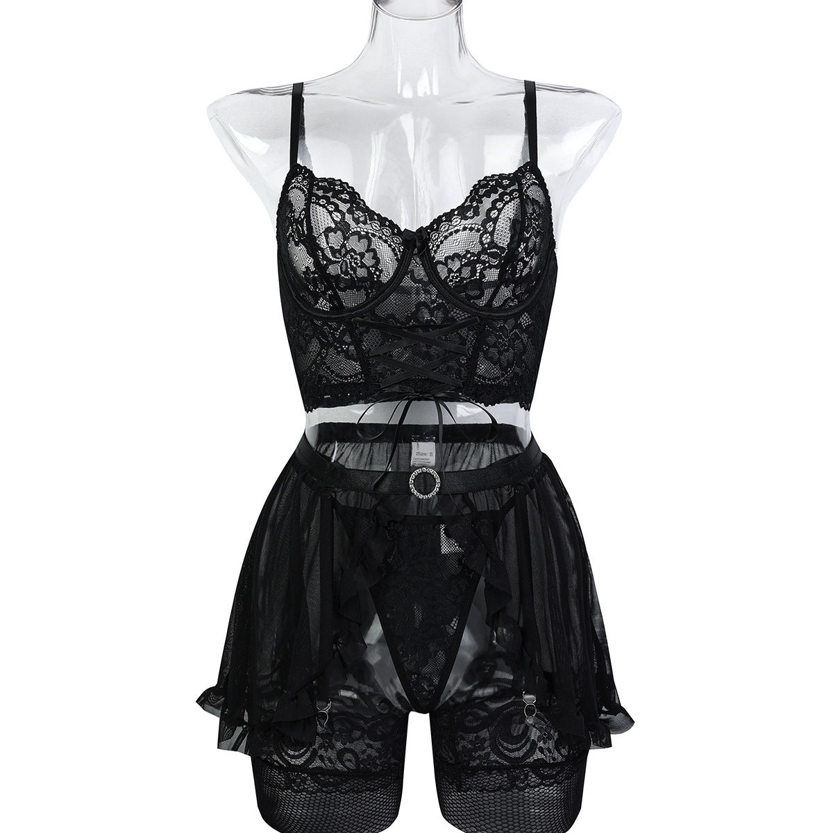 Black Lace Four-Piece Lingerie Set - Alternate View