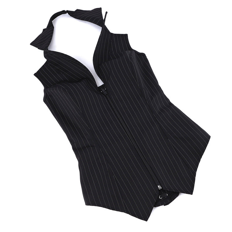 Black Pinstripe Zip-Front Corset Top, alternate view 5