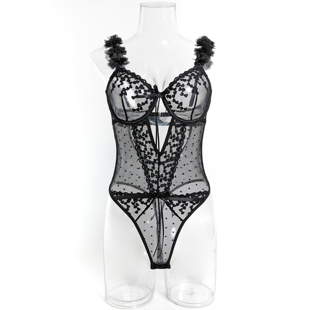 Floral Embroidered Strappy Teddy Bodysuit - Styled View