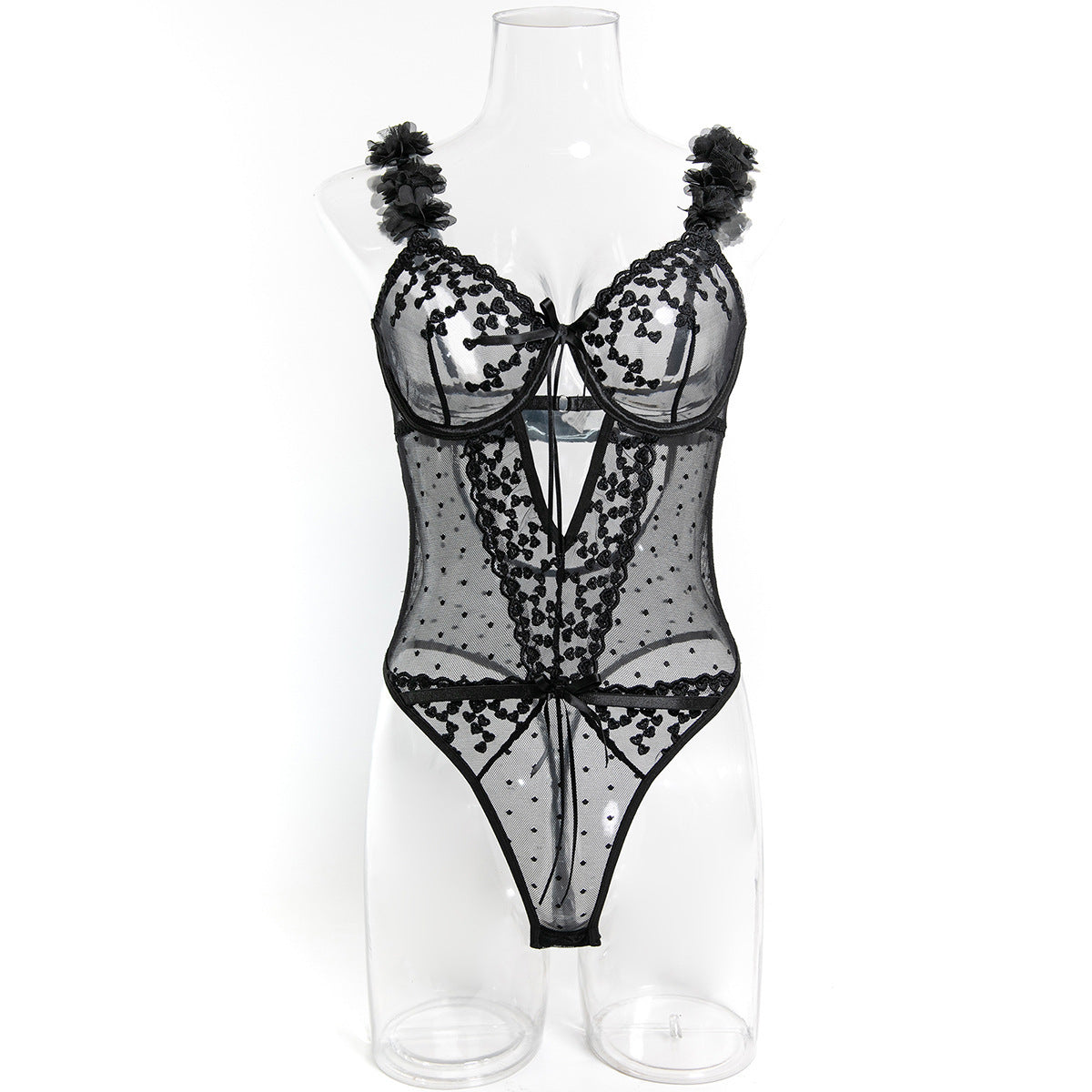 Floral Embroidered Strappy Teddy Bodysuit - Styled View
