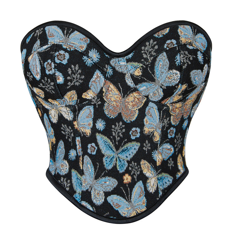 Black Butterfly Print Strapless Corset Top