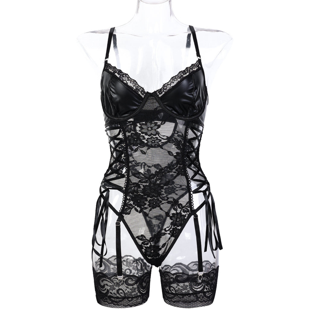 Lace Faux Leather Teddy Bodysuit - Styled View